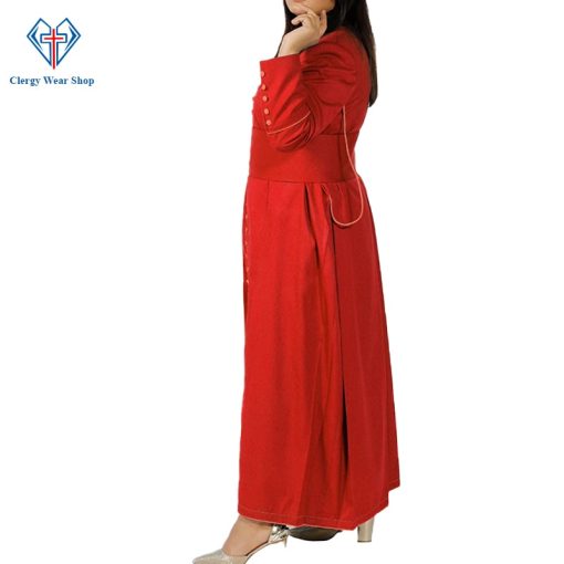 This womens cassock is made with superfine tropical fabric. Soft shoulder pads & half-line till the waist. 33 same fabric-covered buttons on the front placket. Red trim and buttons on the front. Handmade cincture band give bright look.  Three back plates are made for an ideal look. Two inner breast pockets alongwith two combination pockets/side opening.  The ends of the cincture have knotted fringes in blue color. Made by a professional tailor. Dry clean white cassock. Cool comfort. Note: Cincture Belt Sold separately.