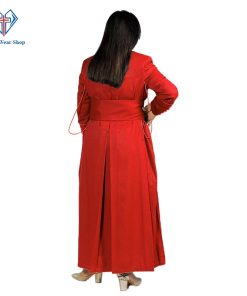 This womens cassock is made with superfine tropical fabric. Soft shoulder pads & half-line till the waist. 33 same fabric-covered buttons on the front placket. Red trim and buttons on the front. Handmade cincture band give bright look.  Three back plates are made for an ideal look. Two inner breast pockets alongwith two combination pockets/side opening.  The ends of the cincture have knotted fringes in blue color. Made by a professional tailor. Dry clean white cassock. Cool comfort. Note: Cincture Belt Sold separately.