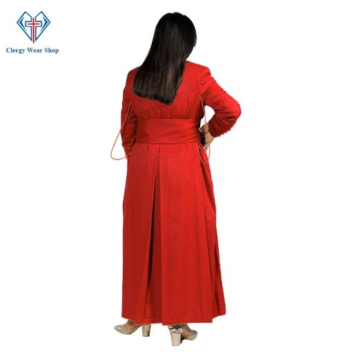 This womens cassock is made with superfine tropical fabric. Soft shoulder pads & half-line till the waist. 33 same fabric-covered buttons on the front placket. Red trim and buttons on the front. Handmade cincture band give bright look.  Three back plates are made for an ideal look. Two inner breast pockets alongwith two combination pockets/side opening.  The ends of the cincture have knotted fringes in blue color. Made by a professional tailor. Dry clean white cassock. Cool comfort. Note: Cincture Belt Sold separately.