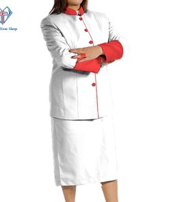 Ladies Clergy Skirt Suit White with Red Piping