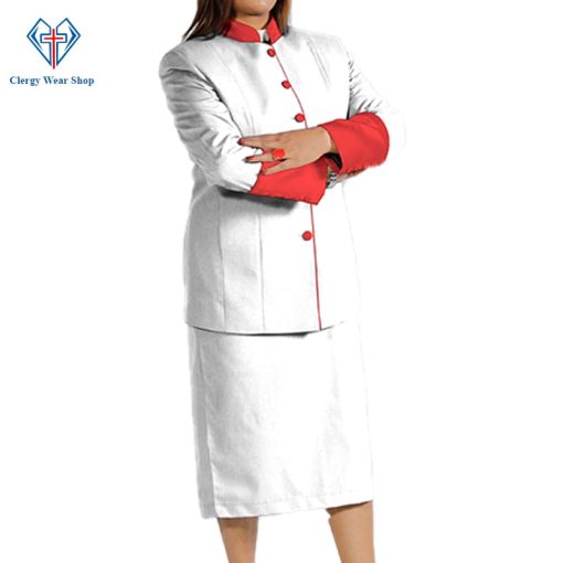 Ladies Clergy Skirt Suit White with Red Piping