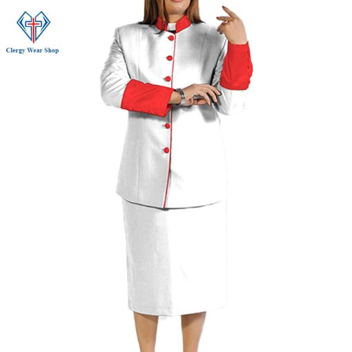 Ladies Clergy Skirt Suit White with Red Piping