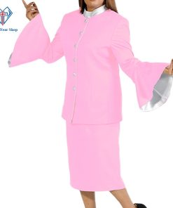 Ladies Clergy Suit Pink Flared Sleeve with white Trim (3)