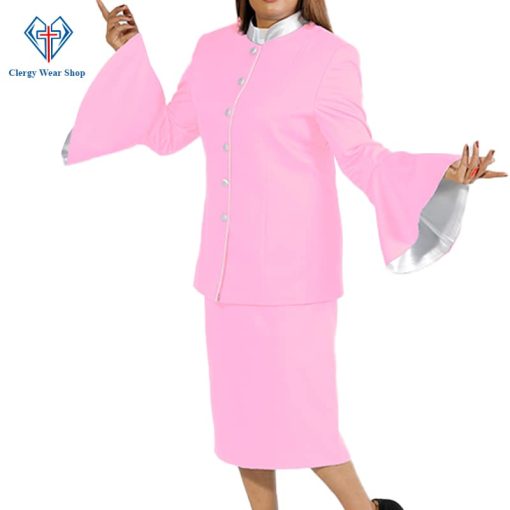 Ladies Clergy Suit Pink Flared Sleeve with white Trim (3)