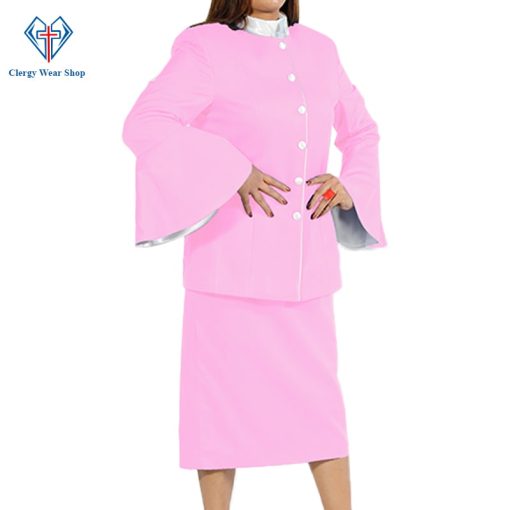 Ladies Clergy Suit Pink Flared Sleeve with white Trim