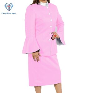 Ladies Clergy Suit Pink Flared Sleeve with white Trim