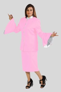 Ladies Clergy Suit Pink with White Trim and Flared Sleeves