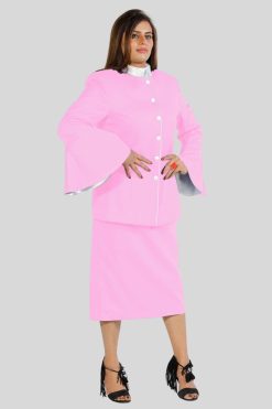 Ladies Clergy Suit Pink with White Trim and Flared Sleeves