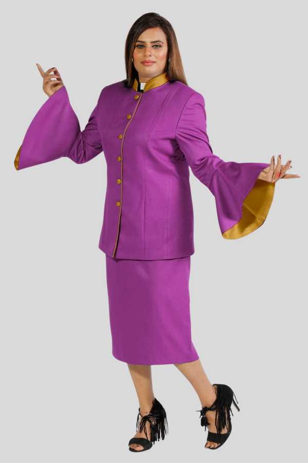 Ladies Clergy Suit Purple with Golden Trim Finish Flared Sleeve
