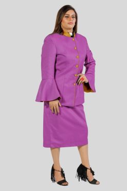 Ladies Clergy Suit Purple with Golden Trim Finish Flared Sleeve