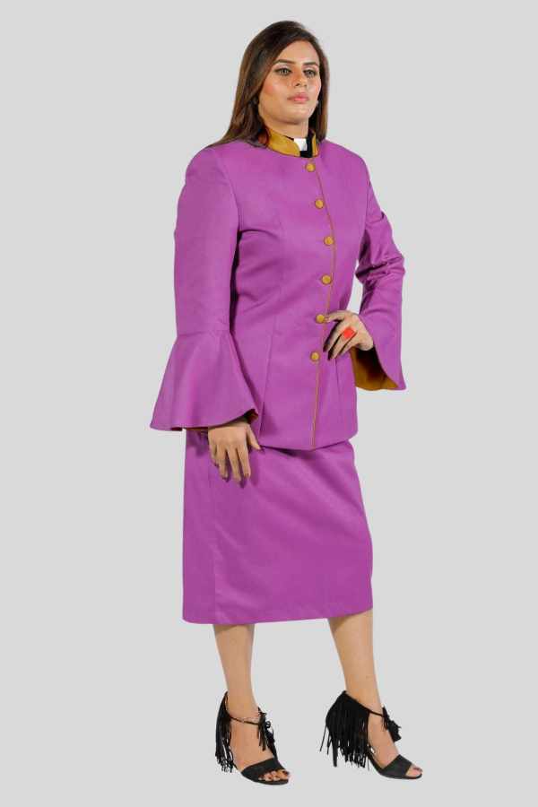 Ladies Clergy Suit Purple with Golden Trim Finish Flared Sleeve