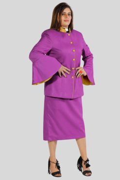 Ladies Clergy Suit Purple with Golden Trim Finish Flared Sleeve