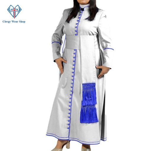 Ladies White Cassock With Blue Trim