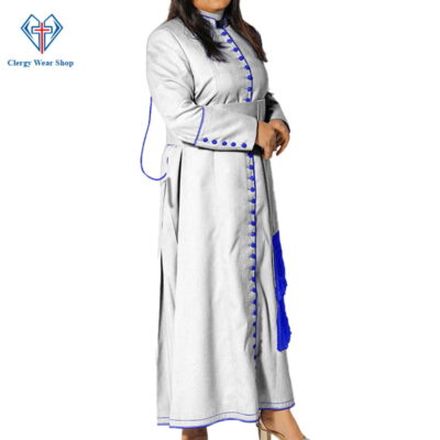 Ladies White Cassock With Blue Trim