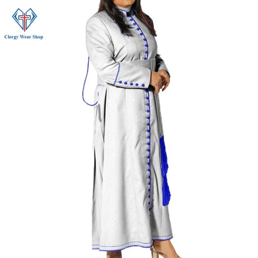 Ladies White Cassock With Blue Trim