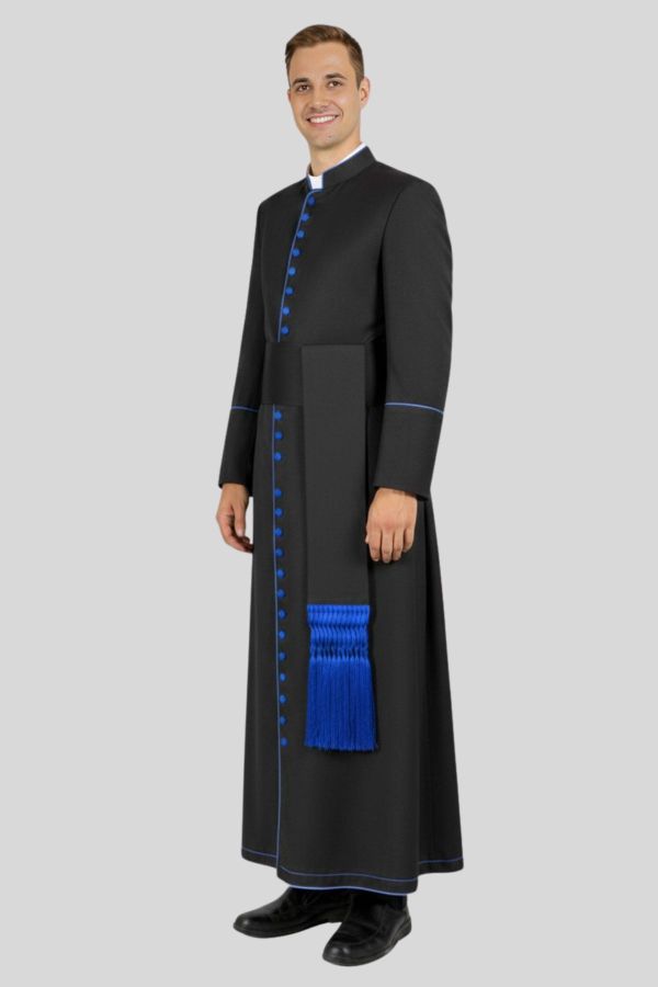 New Imperial Priestly Cassock Black with Royal Blue Trim