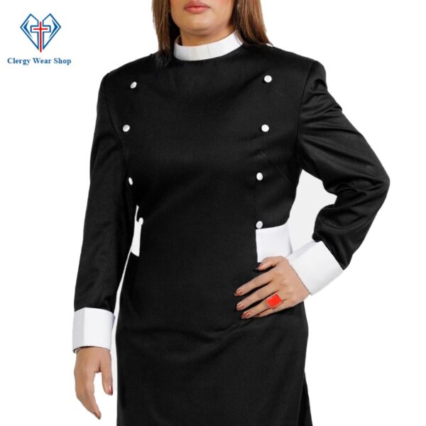 Women’s Clergy Dress Black with White Designer Buttons