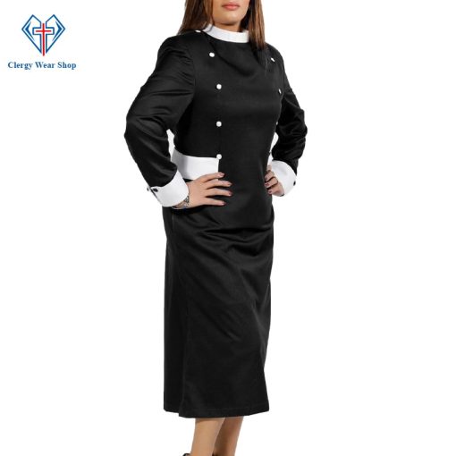 Women’s Clergy Dress Black with White Designer Buttons