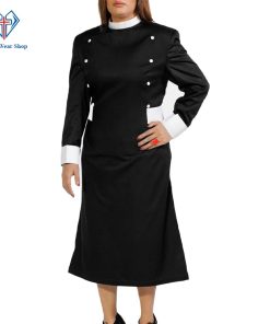 Women’s Clergy Dress Black with White Designer Buttons