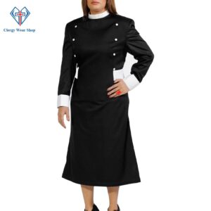 Women’s Clergy Dress Black with White Designer Buttons
