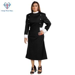 Women’s Clergy Dresses Black with White Designer Button