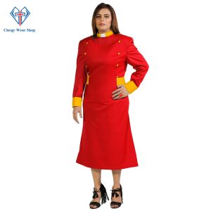 Attractive Women’s Clergy Dress Red with Golden Designer Button