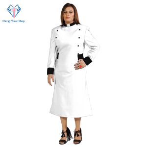 Divine Women’s Clergy Dress White with Black Designer Button