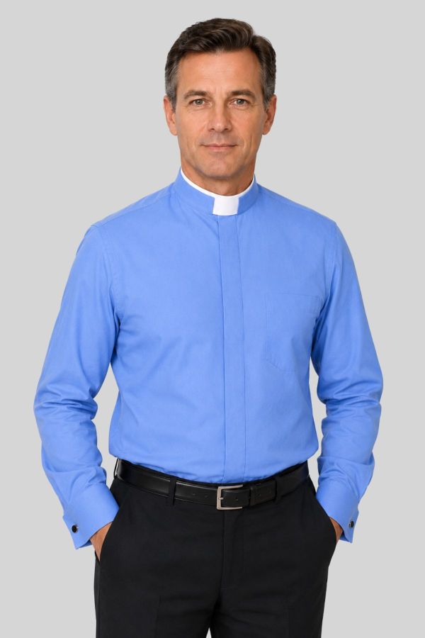 Heavenly Sky Blue Tonsure Collar Clergy Shirt for Priests