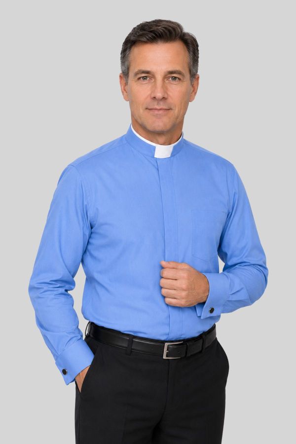 Traditional tonsure collar delivers classic Roman clergy style. Premium poly-cotton fabric ensures comfort and durability. Classic red color offers timeless professional clergy appearance. French cuff design accommodates separate cufflinks without studs. Front chest pocket stores daily ministry essentials conveniently. Hidden seven-button placket creates clean professional appearance. Professionally finished stitching ensures lasting quality and durability. Classic Roman collar offers authentic ecclesiastical appearance. Available in short and long sleeve tonsure collar clergy shirt. Extra tonsure clergy collar inserts available for future replacement. Heavenly Sky Blue Tonsure Collar Clergy Shirt for Priests