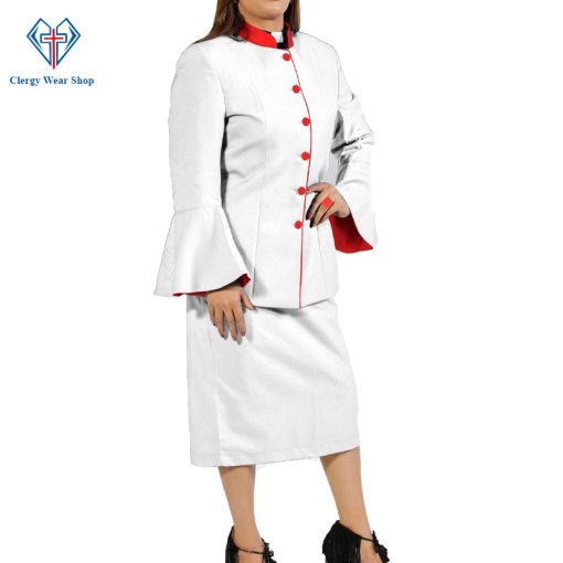 Ladies Clergy Suit White flared sleeve with Red Triming