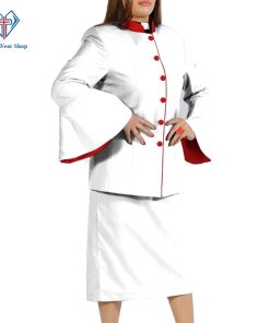 Ladies Clergy Suit White flared sleeve with Red Triming