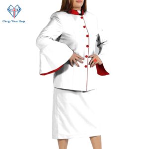 Ladies Clergy Suit White flared sleeve with Red Triming
