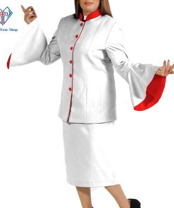 Ladies Clergy Suit White flared sleeve with Red Triming