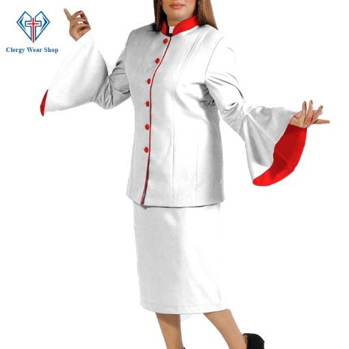 Ladies Clergy Suit White flared sleeve with Red Triming