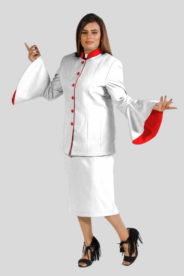 Ladies Clergy Suit White with Red Trim and Flared Sleeves