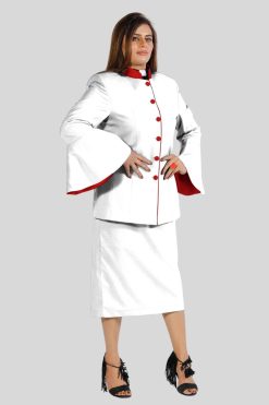 Ladies Clergy Suit White with Red Trim and Flared Sleeves