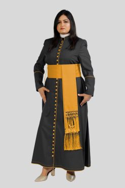 Women Clergy Robe Black with Gold Trim & 33 Button