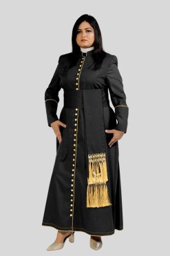 Women Clergy Robe Black with Gold Trim & 33 Button