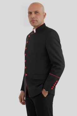 Black Double Breasted Clergy Jacket with Red Trim