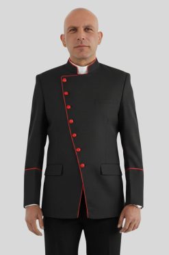 Black Double Breasted Clergy Jacket with Red Trim