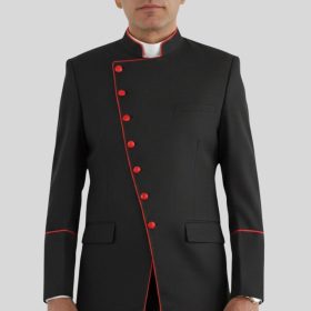 Black Double Breasted Clergy Jacket with Red Trim