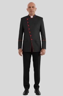 Black Double Breasted Clergy Jacket with Red Trim