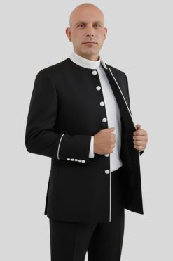 Chic Black Clergy Jacket White Piping Seven Buttons