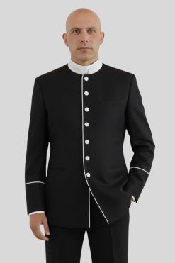 Black Clergy Jacket with Tonal Piping & Seven Buttons (2).jpg Black Clergy Jacket with Tonal Piping & Seven Buttons (3).jpg Black Clergy Jacket with Tonal Piping & Seven Buttons (4).jpg Black Clergy Jacket with Tonal Piping & Seven Buttons (5).jpg Chic Black Clergy Jacket White Piping Seven Buttons