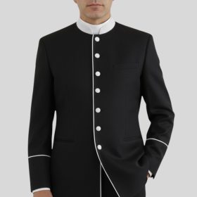 Chic Black Clergy Jacket White Piping Seven Buttons