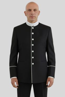 Chic Black Clergy Jacket White Piping Seven Buttons