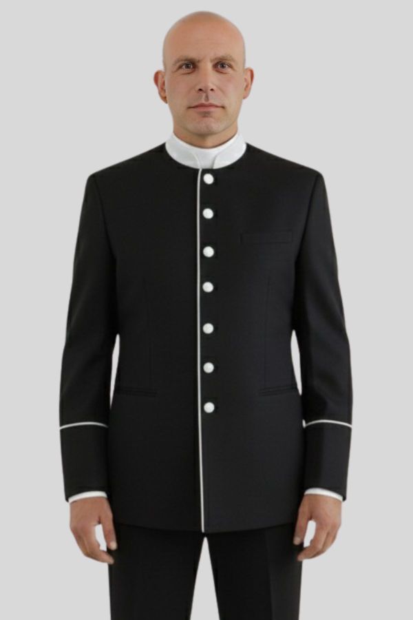 Chic Black Clergy Jacket White Piping Seven Buttons