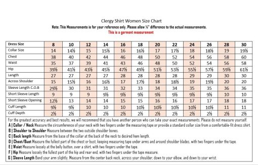 Size chart for women shirts