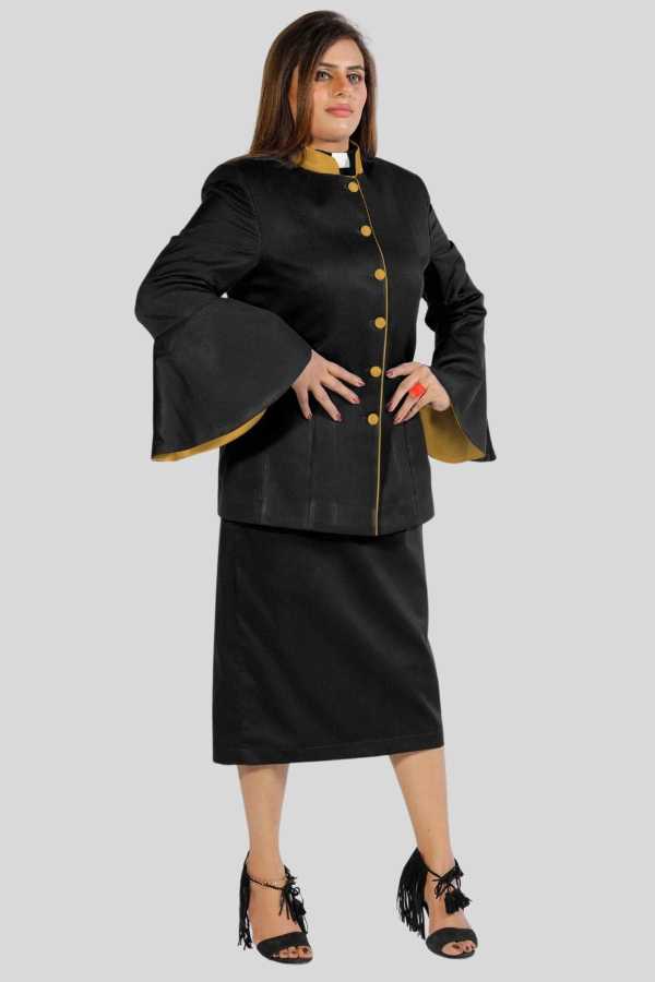 Clergy Suits for Women Black with Gold Trim and Flared Sleeves