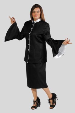 Ladies Church Suits Black with White Trim and Flared Sleeves